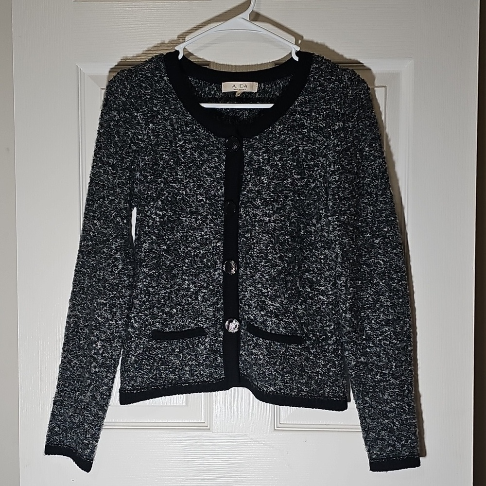 A. IDA Made in Italy Knit Wool Blend Button Up Cardigan Sweater Gray Blue Black
